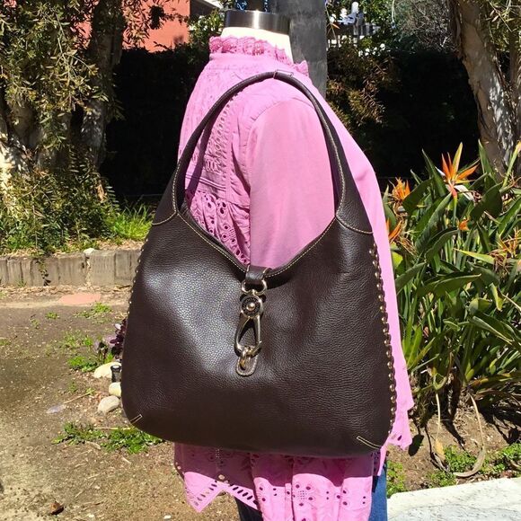 DOONEY AND BOURKE BROWN LEATHER WOVEN DETAILS GOLD HARDWARE - Picture 2 of 15